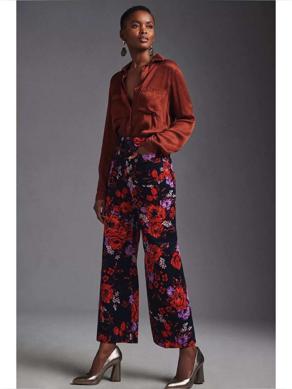 Anthropologie Maeve Pants 29 Colette Wide Leg Cropped Velvet Red Floral